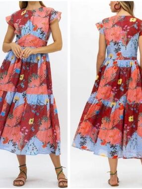 Oliphant Stockholm Floral Patchwork Flowy Midi Dress Sienna Color Size S